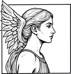 Glamour fashion illustration vector drawing of a black silhouette woman profile with long hair, sketch art design of a lady's face, eyes, and lips