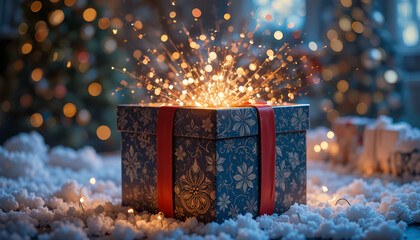 Magical exploding gift box with bright golden sparks sits in soft snow near a blurred festive Christmas tree background
