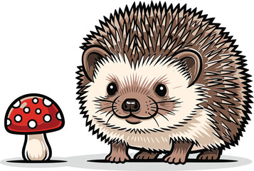 Adorable cartoon hedgehog and a red spotted mushroom on a white background