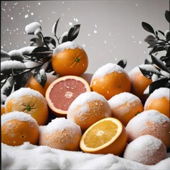 A bunch of oranges covered in snow