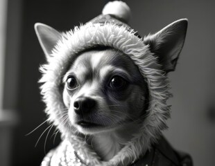 A dog is wearing a Santa hat and a furry coat