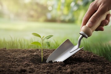 Delicate Sprout Emerging from the Earth with Gardener's Hand Ready to Help in Sunlight (65 characters)