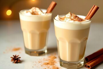 Two glasses of coffee with cinnamon sticks in them