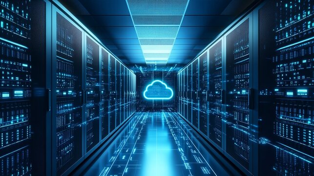 Futuristic data center with glowing cloud, showing a secure and modern digital infrastructure for your tech solutions, a vibrant high tech storage facility - Powered by Adobe