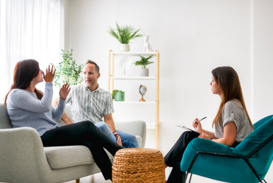 Psychology woman, mature couple, patient consulting problem mental health with psychologist, psychiatrist at clinic together