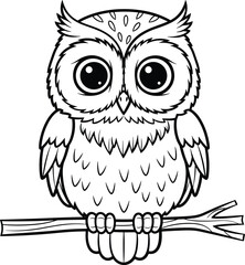 Adorable cartoon owl with big eyes perched on a branch