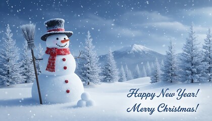 Happy new year merry christmas snowman in winter forest with snow falling