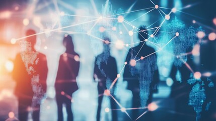 Global business team network connecting for international partnerships with digital world map overlay, ideal for corporate reports and innovative strategies