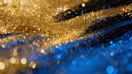 Abstract shimmering gold and blue glitter background with bokeh effect