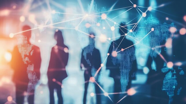 Global business team network connecting for international partnerships with digital world map overlay, ideal for corporate reports and innovative strategies - Powered by Adobe