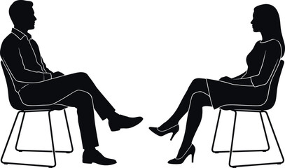 Conversation, silhouette, seated people, interview, counseling, posture, black vector, communication, meeting, professional talk - flavector