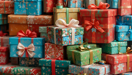 Vibrant assortment of beautifully wrapped holiday presents stacked high creating a festive and colorful celebration background