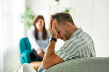 Psychiatrist examining men patients therapy for mental symptoms and depression.