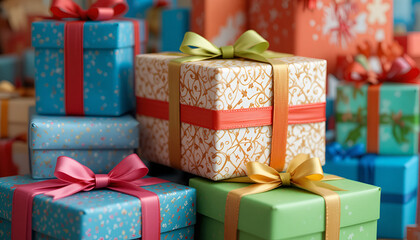Assortment of brightly colored wrapped gift boxes tied with satin ribbons creating a festive holiday celebration background