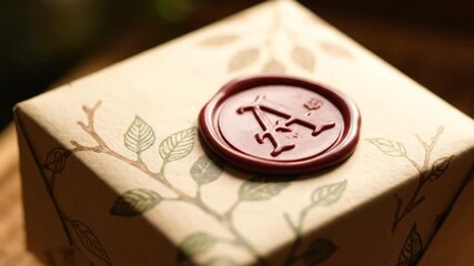 Rustic gift box with personalized wax seal, elegant leaf pattern wrapping - Powered by Adobe