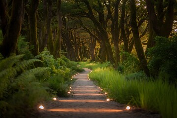 Enchanting Forest Pathway Illuminated by Subtle Lighting, Leading to a Mystical Destination