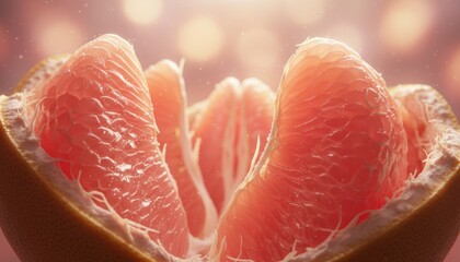Peeled pink grapefruit segments showing detailed juicy pulp and translucent vesicles in an extreme macro photograph with soft, warm, glowing light