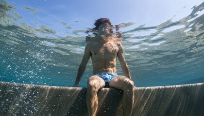 Young athletic man in swim briefs sits on a concrete ledge underwater in a pool, his face obscured by the rippling surface and his body illuminated by bright sunlight