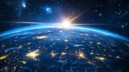 Stunning earth view from space with glowing city lights and vibrant sunrise illuminating the horizon, symbolizing global connectivity and future technology