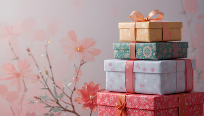Stack of beautifully wrapped decorative gift boxes tied with satin ribbons against a soft floral background