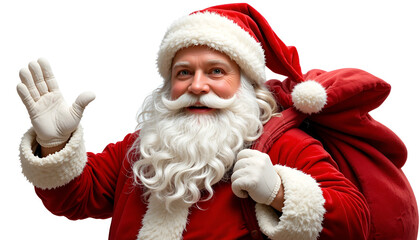 Jolly Santa Claus waving hello while carrying a large red sack of presents against a bright white background