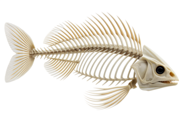 Fish Skeleton Isolated on White – Full Teleost Bone Structure Side View High Resolution