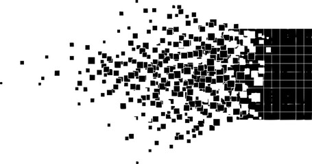Black rectangular shape dissolving into scattered pixels 