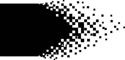 Black rectangular shape dissolving into scattered pixels 