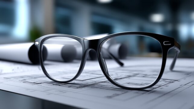 Eyeglasses resting on architectural blueprints in modern office setting