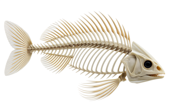 Fish Skeleton Isolated on White – Full Teleost Bone Structure Side View High Resolution