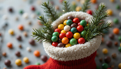 Brightly colored holiday candies spill from a cozy red christmas stocking adorned with fresh pine sprigs