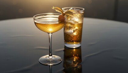 Elegant golden cocktail in a coupe glass garnished with physalis sits next to a highball glass with an amber drink and ice, glowing in warm sunset light on a reflective table