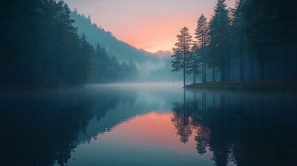 Serene misty lake reflects soft sunrise hues amidst a tranquil forest landscape