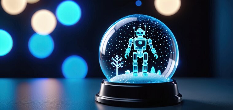 glowing robot in snow globe on dark background with bokeh lights, concept of technology, christmas, ai, banner - Powered by Adobe