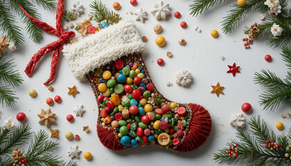 Christmas stocking overflowing with colorful candies and festive decorations viewed from above on white