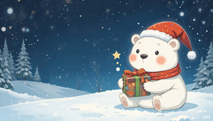 Adorable cartoon polar bear wearing a Santa hat holds a festive gift box in a snowy winter wonderland night