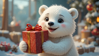 Adorable fluffy white polar bear cub happily holding a festive red Christmas gift box in a snowy setting