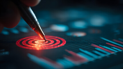 Business goal setting and strategic planning. professional analyzing financial reports and business analytics, with a glowing target and performance tracking in corporate strategy
