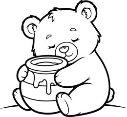 Adorable line art teddy bear hugging a honey pot with dripping honey