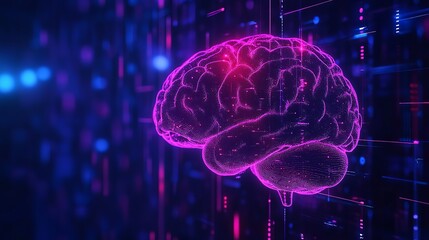 Futuristic brain illustration glows with vibrant neon colors, perfect for innovative tech and medical designs, or AI driven solutions