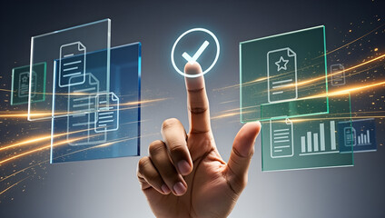 Digital document management with hand touching glowing checkmark on futuristic screen