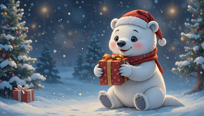 Adorable cartoon polar bear wearing a santa hat holds a festive gift box outdoors during a snowy winter night