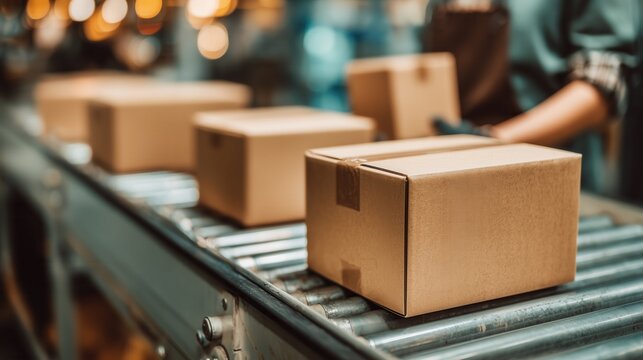 Plain cardboard boxes moving along an automated conveyor belt in a distribution warehouse - Powered by Adobe