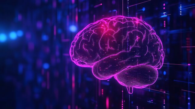 Futuristic brain illustration glows with vibrant neon colors, perfect for innovative tech and medical designs, or AI driven solutions