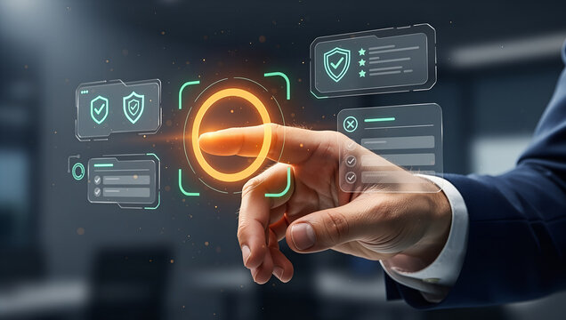 Digital identity verification hand interacts with secure virtual interface