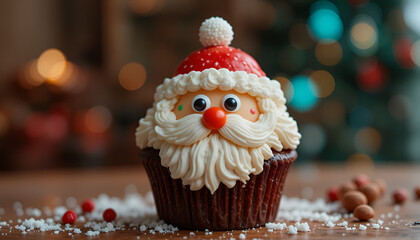 Adorable Santa Claus cupcake creation with creamy frosting and festive bokeh background perfect for holiday baking