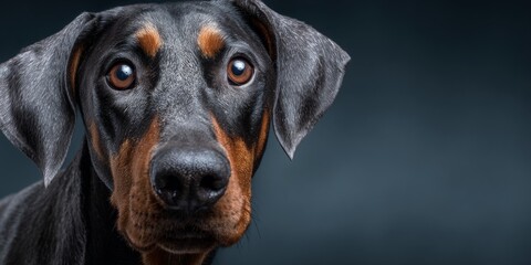 Close-up of a striking black and rust Doberman with soulful eyes on a soft gray background.