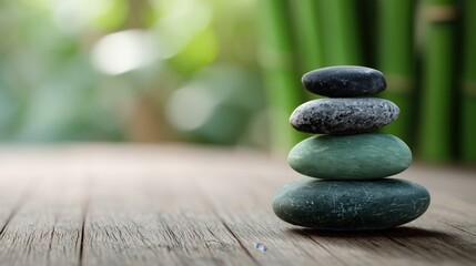 Stacked green and grey river stones on wood with a blurred bamboo background
