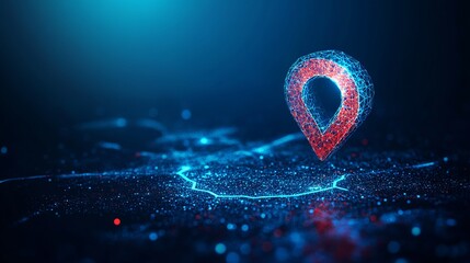 Modern glowing digital location pin icon on a dark blue background for innovative tech travel solutions and business mapping applications