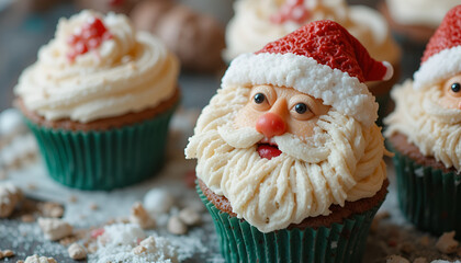 Deliciously decorated Santa Claus face cupcakes ready for a festive holiday celebration in a close up shot